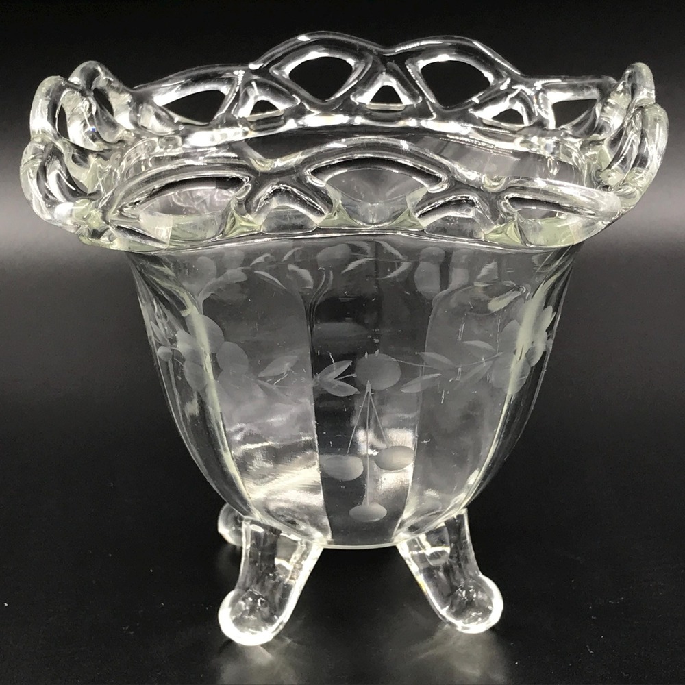 Vintage Imperial Glass Etched Footed Square Candy Dish Bowl Lace Edge